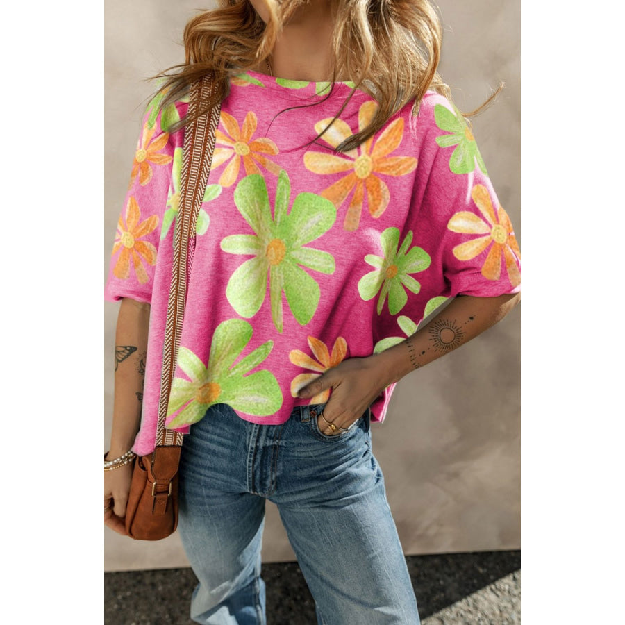 Flower Printed Boat Neck Half Sleeve T-Shirt Floral / S Apparel and Accessories