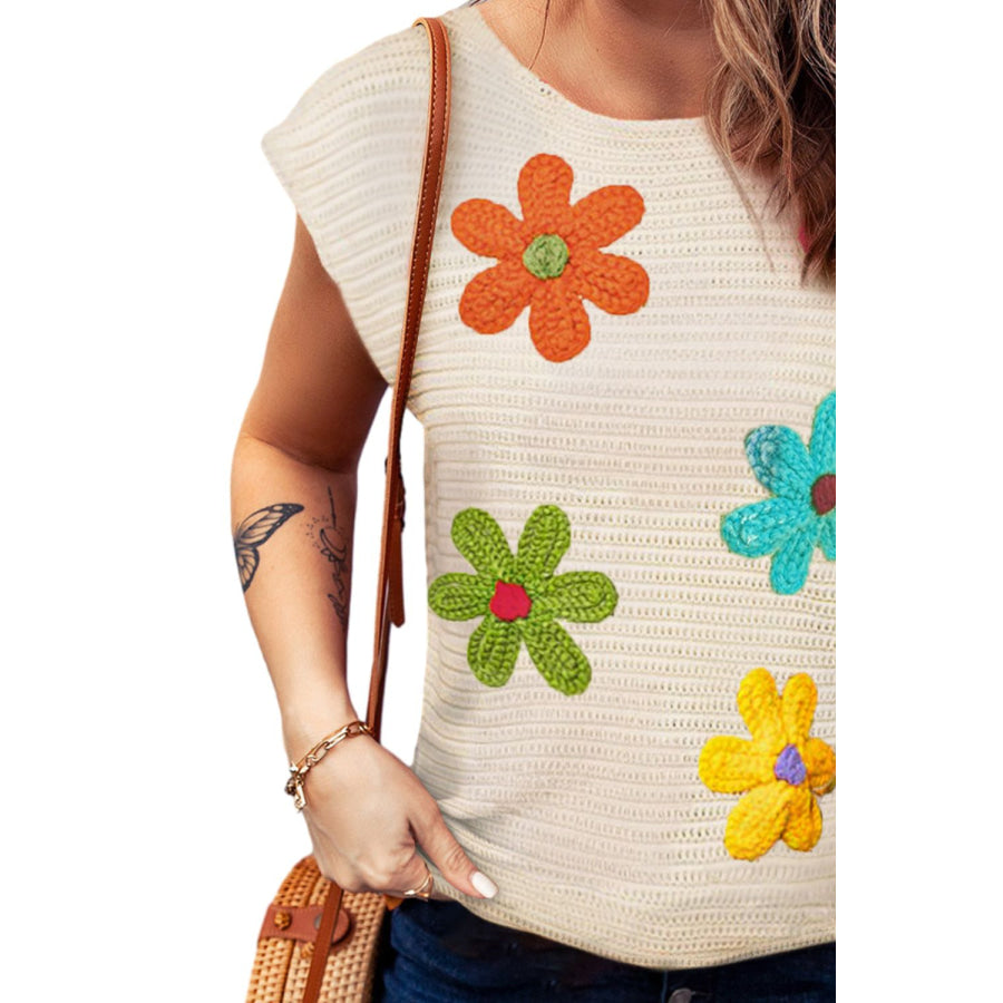 Flower Round Neck Cap Sleeve Knit Top Apparel and Accessories