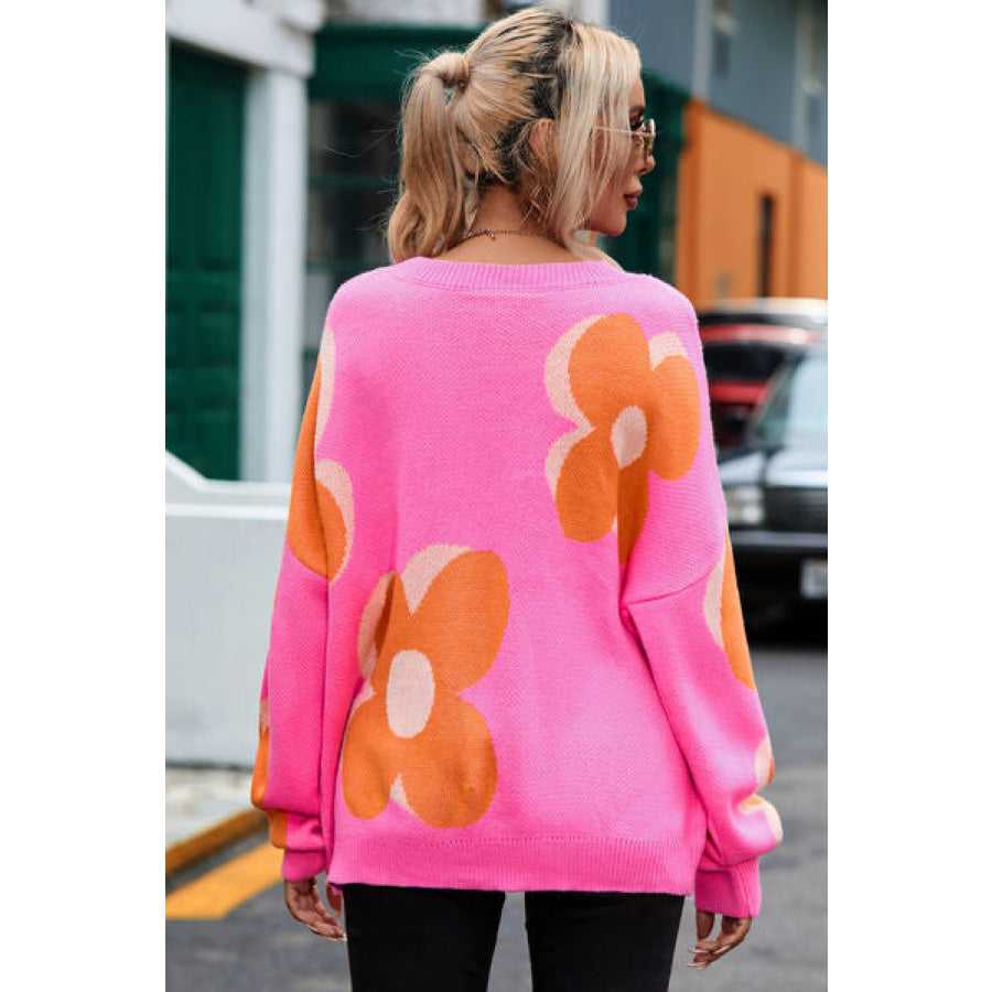 Flower Round Neck Dropped Shoulder Sweater Fuchsia Pink / S Clothing