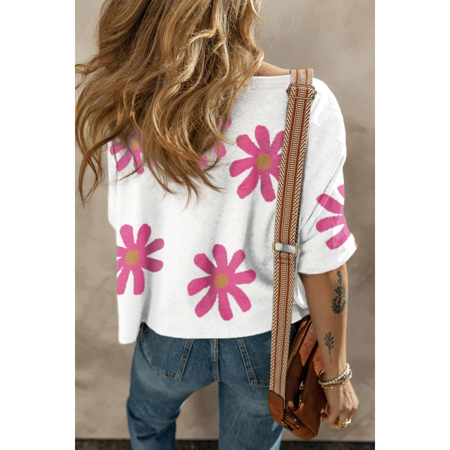 Flower Round Neck Half Sleeve T-Shirt Apparel and Accessories