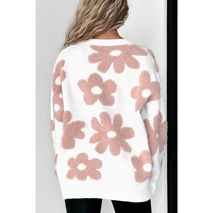 Flower Round Neck Long Sleeve Knit Top Apparel and Accessories
