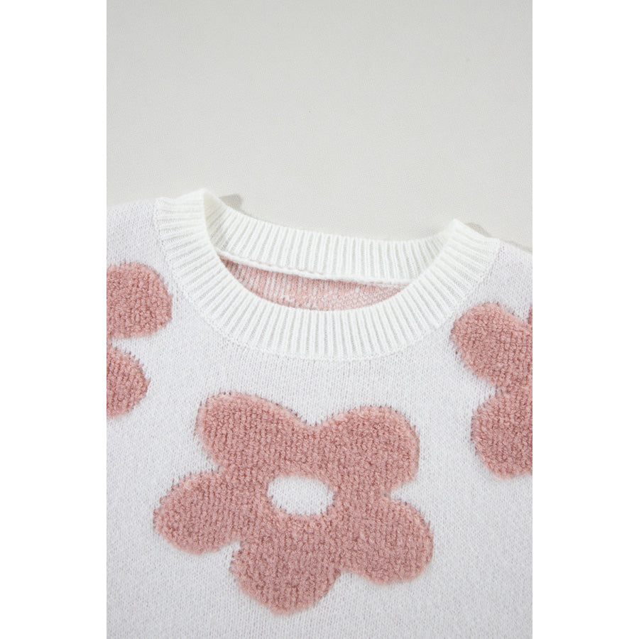 Flower Round Neck Long Sleeve Knit Top Apparel and Accessories