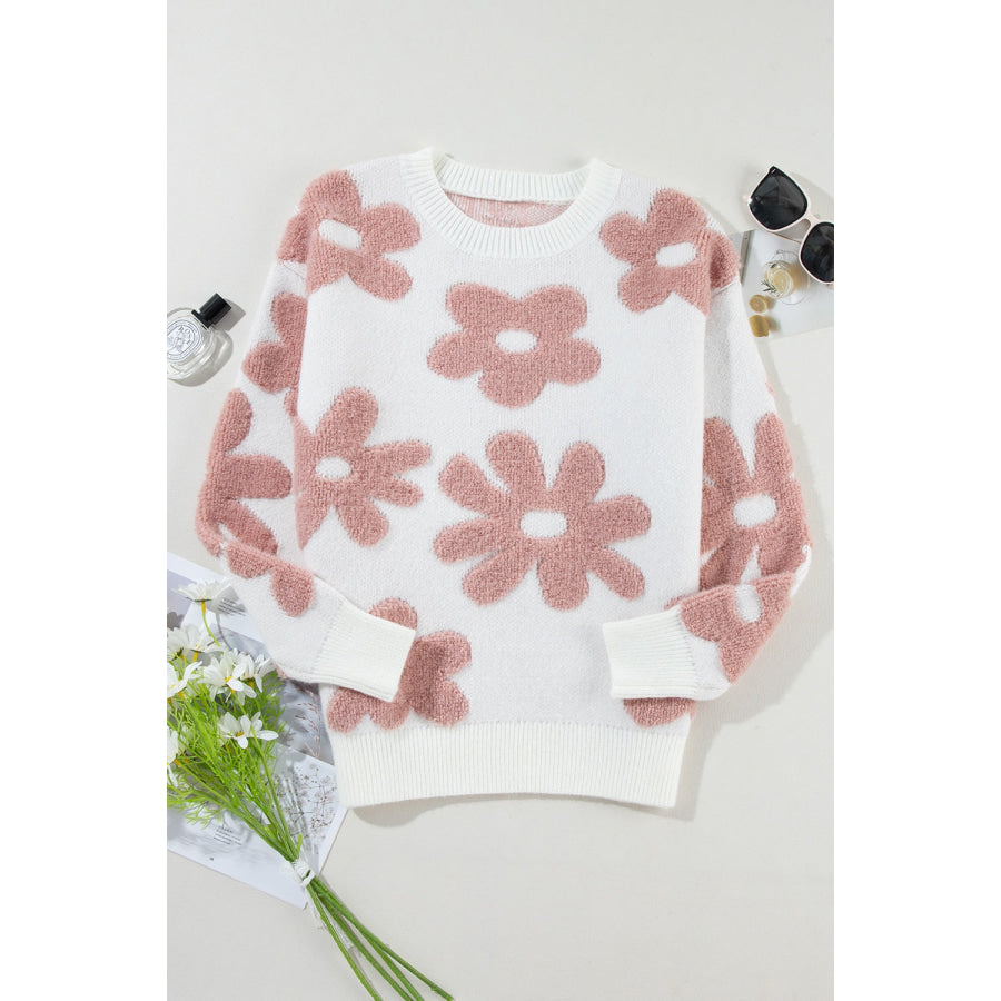 Flower Round Neck Long Sleeve Knit Top Apparel and Accessories