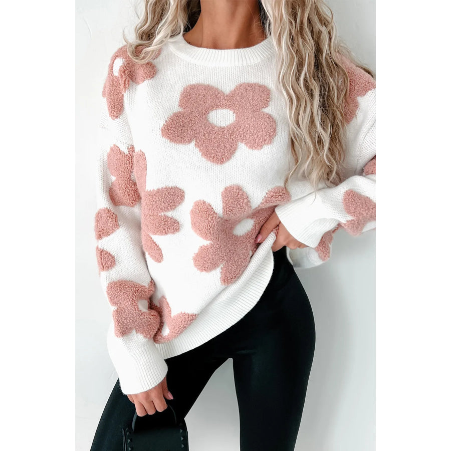 Flower Round Neck Long Sleeve Knit Top White / S Apparel and Accessories
