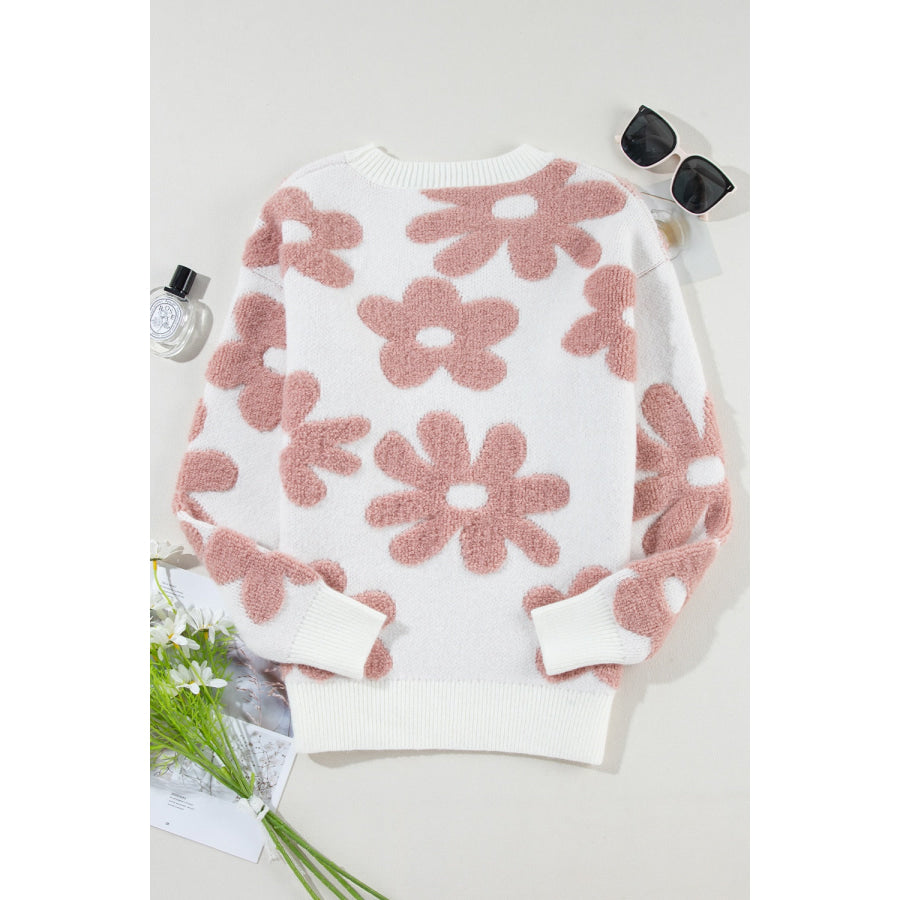 Flower Round Neck Long Sleeve Knit Top Apparel and Accessories