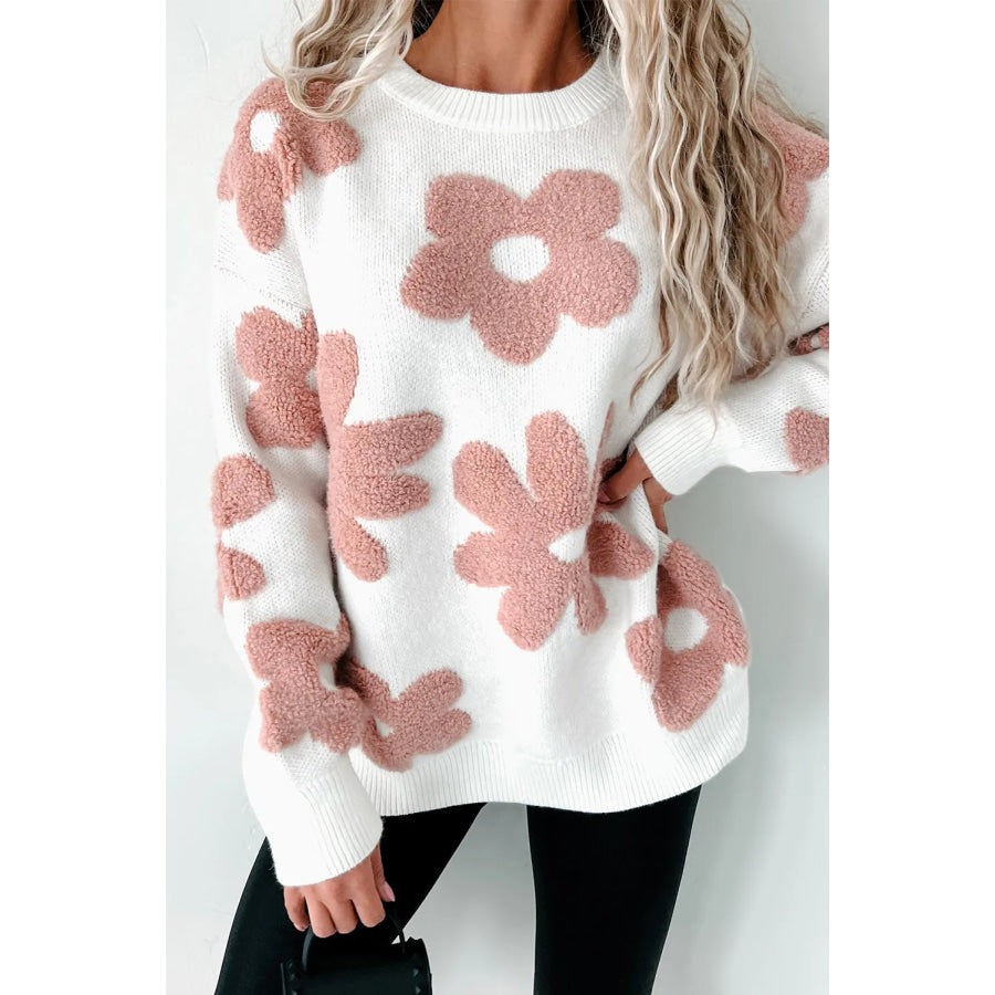 Flower Round Neck Long Sleeve Knit Top White / S Apparel and Accessories