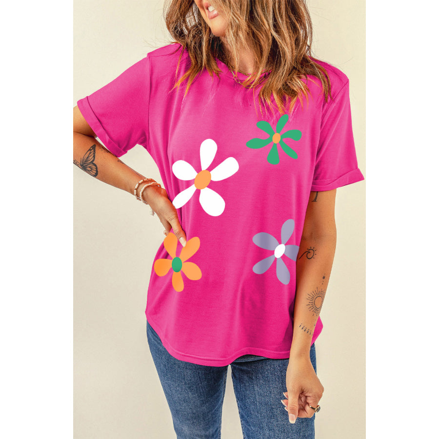 Flower Round Neck Short Sleeve T - Shirt Apparel and Accessories