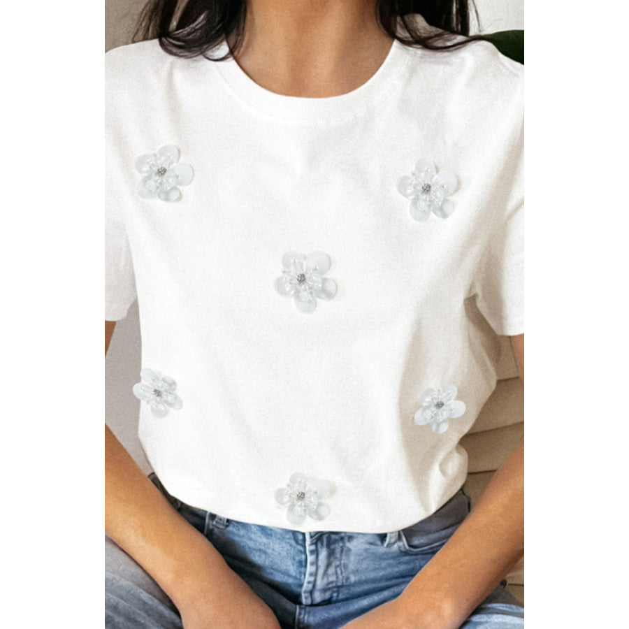 Flower Round Neck Short Sleeve T-Shirt White / S Apparel and Accessories