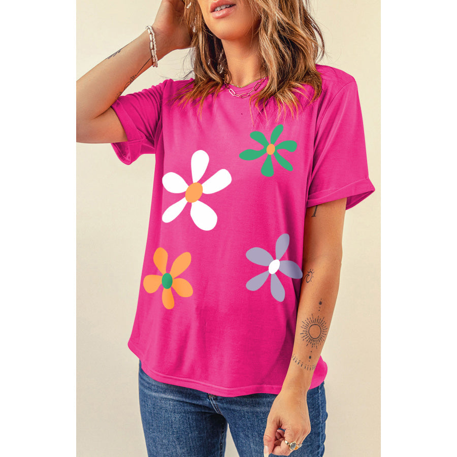 Flower Round Neck Short Sleeve T - Shirt Apparel and Accessories