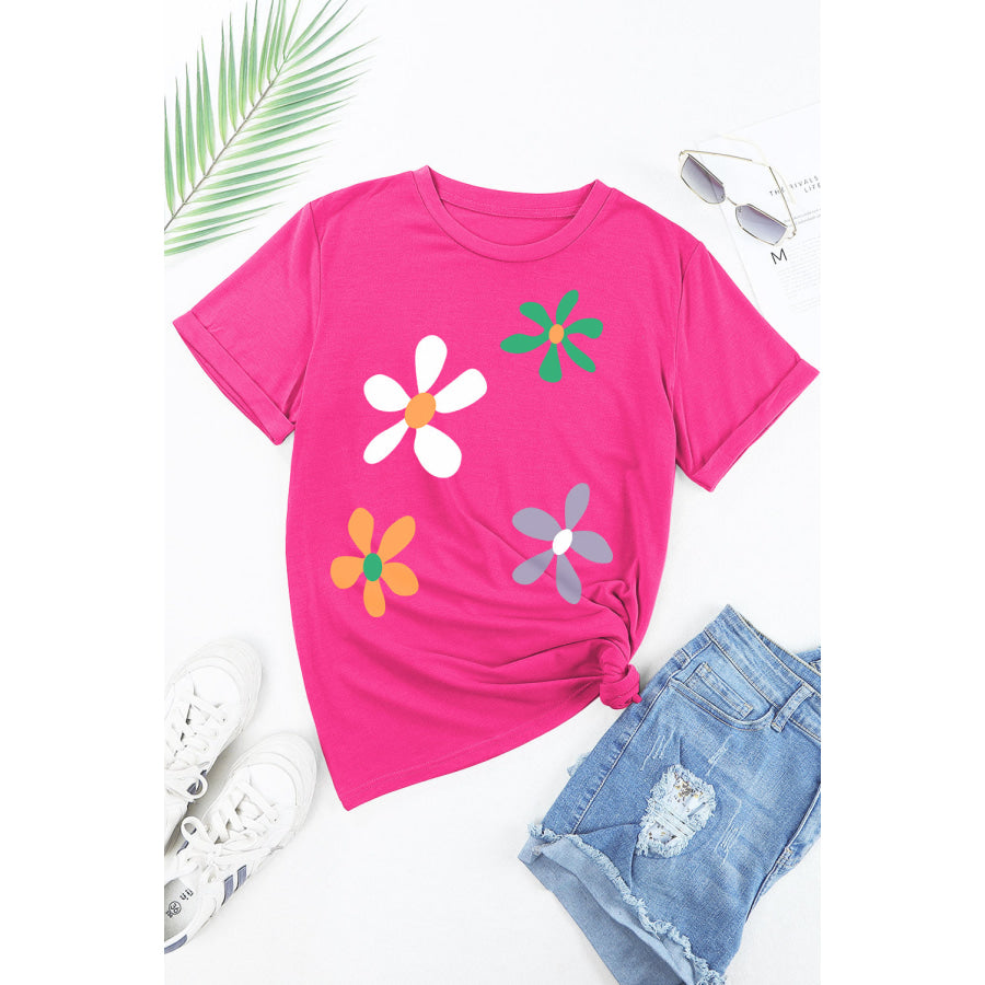 Flower Round Neck Short Sleeve T - Shirt Apparel and Accessories