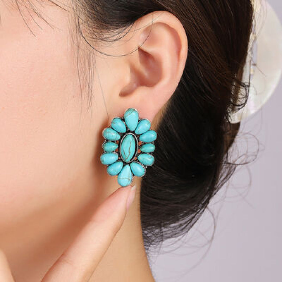 Flower Shape Artificial Turquoise Earrings Silver / One Size Apparel and Accessories