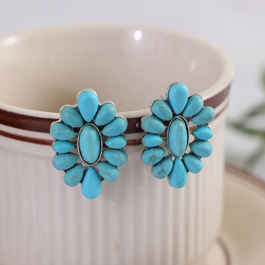 Flower Shape Artificial Turquoise Earrings Silver / One Size Apparel and Accessories