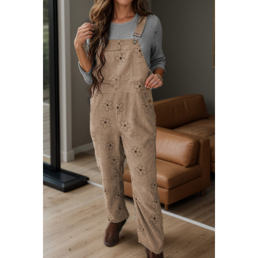 Flower Wide Strap Overalls with Pockets Khaki / S Apparel and Accessories