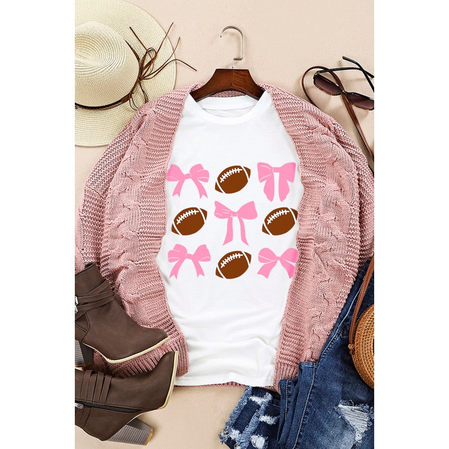 Football & Bow Round Neck Short Sleeve T-Shirt Apparel and Accessories