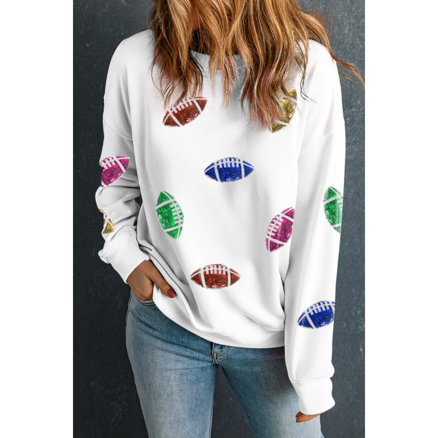 Football Round Neck Long Sleeve Sweatshirt White / S Apparel and Accessories