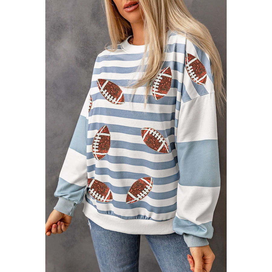Football Striped Round Neck Long Sleeve Sweatshirt Apparel and Accessories