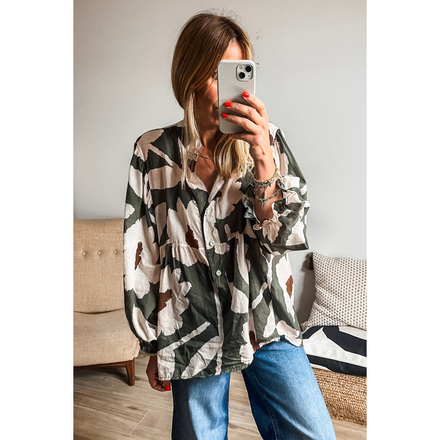 Four Leaf Clover Abstract Floral Print Puff Sleeve Half Button Blouse Tops/Blouses & Shirts