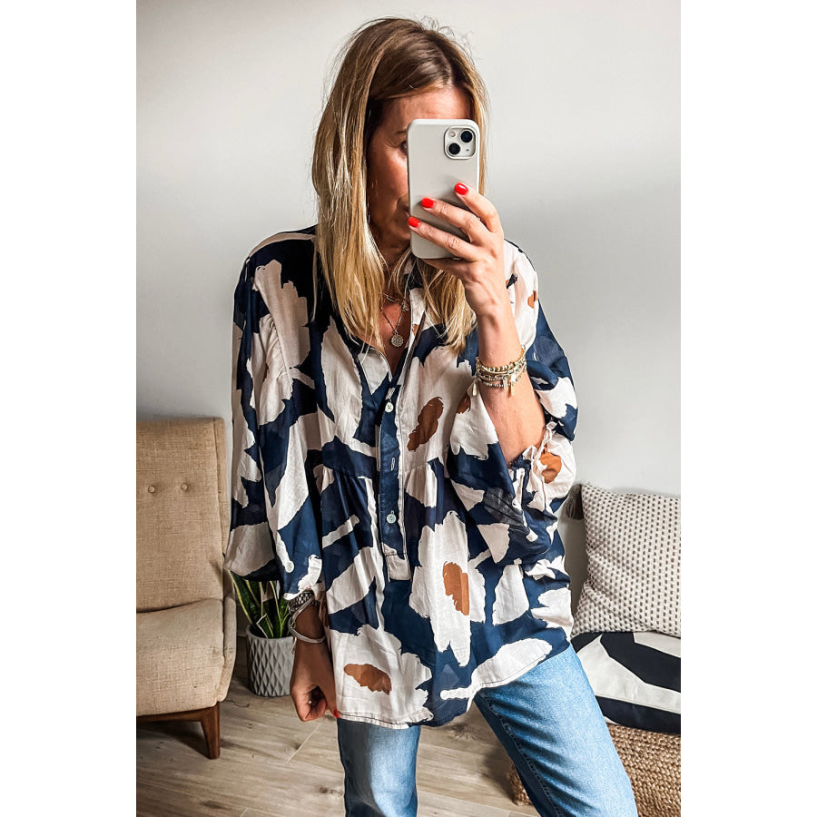 Four Leaf Clover Abstract Floral Print Puff Sleeve Half Button Blouse Tops/Blouses & Shirts