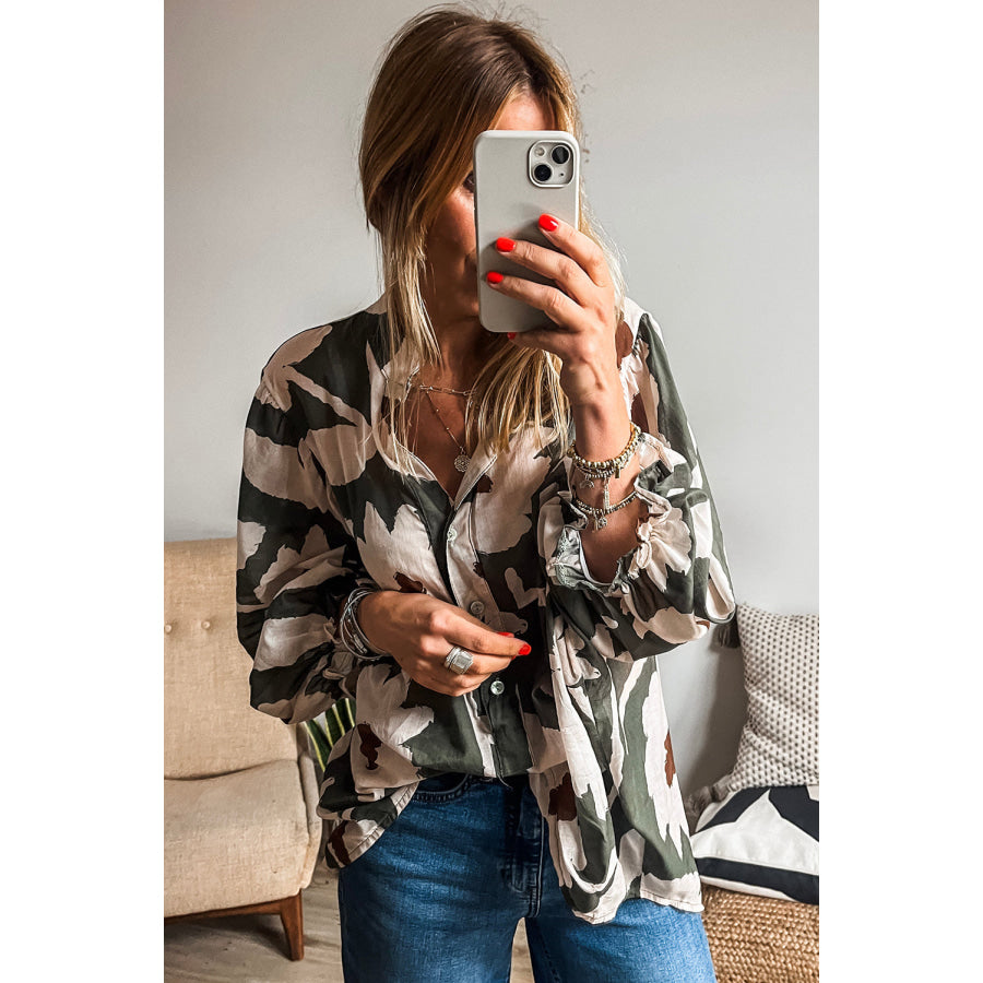 Four Leaf Clover Abstract Floral Print Puff Sleeve Half Button Blouse Tops/Blouses & Shirts
