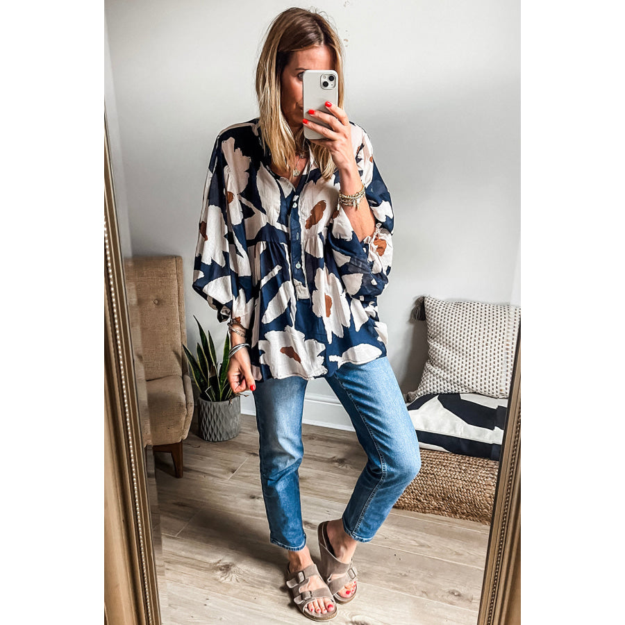 Four Leaf Clover Abstract Floral Print Puff Sleeve Half Button Blouse Tops/Blouses & Shirts