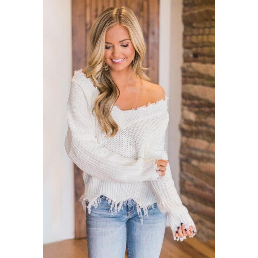 Frayed Hem Dropped Shoulder Sweater White / S