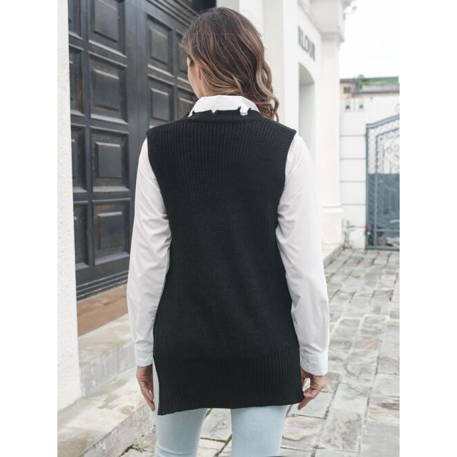 Frayed Hem Slit Sweater Vest Black / S