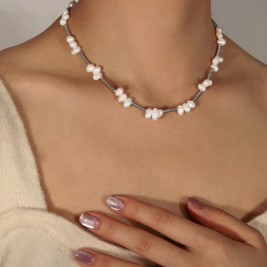 Freshwater Pearl Titanium Steel Bead Necklace Silver / One Size Apparel and Accessories