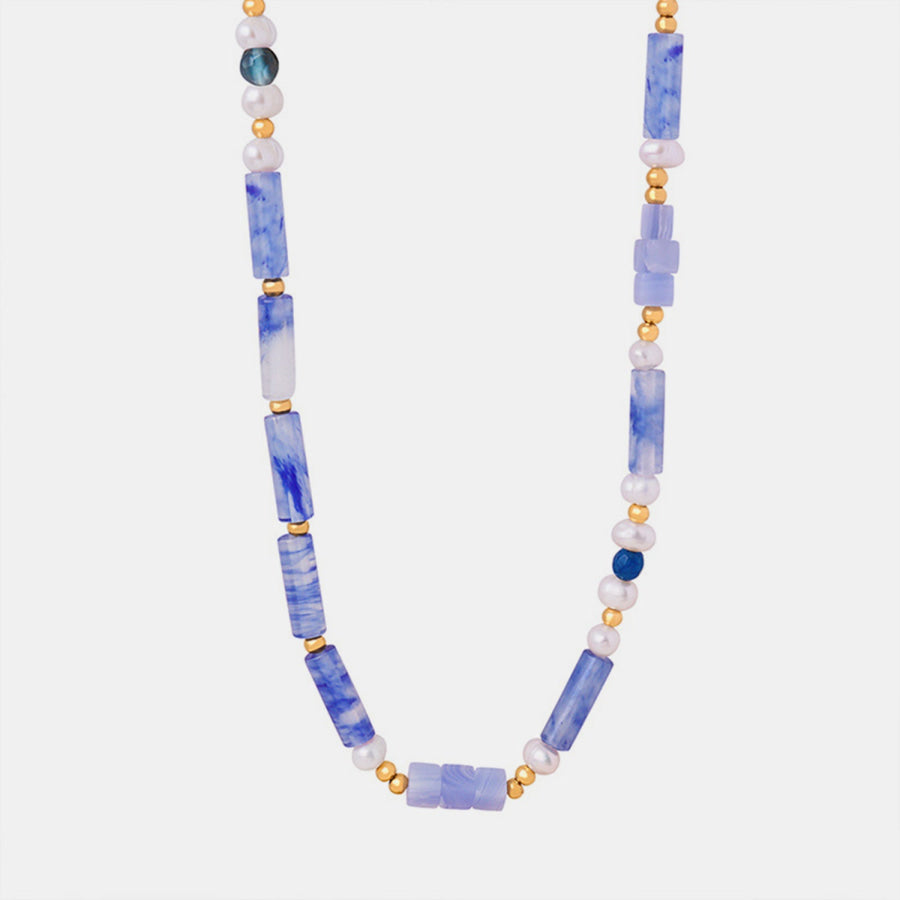 Freshwater Pearl Titanium Steel Geometric Bead Necklace Misty Blue / One Size Apparel and Accessories