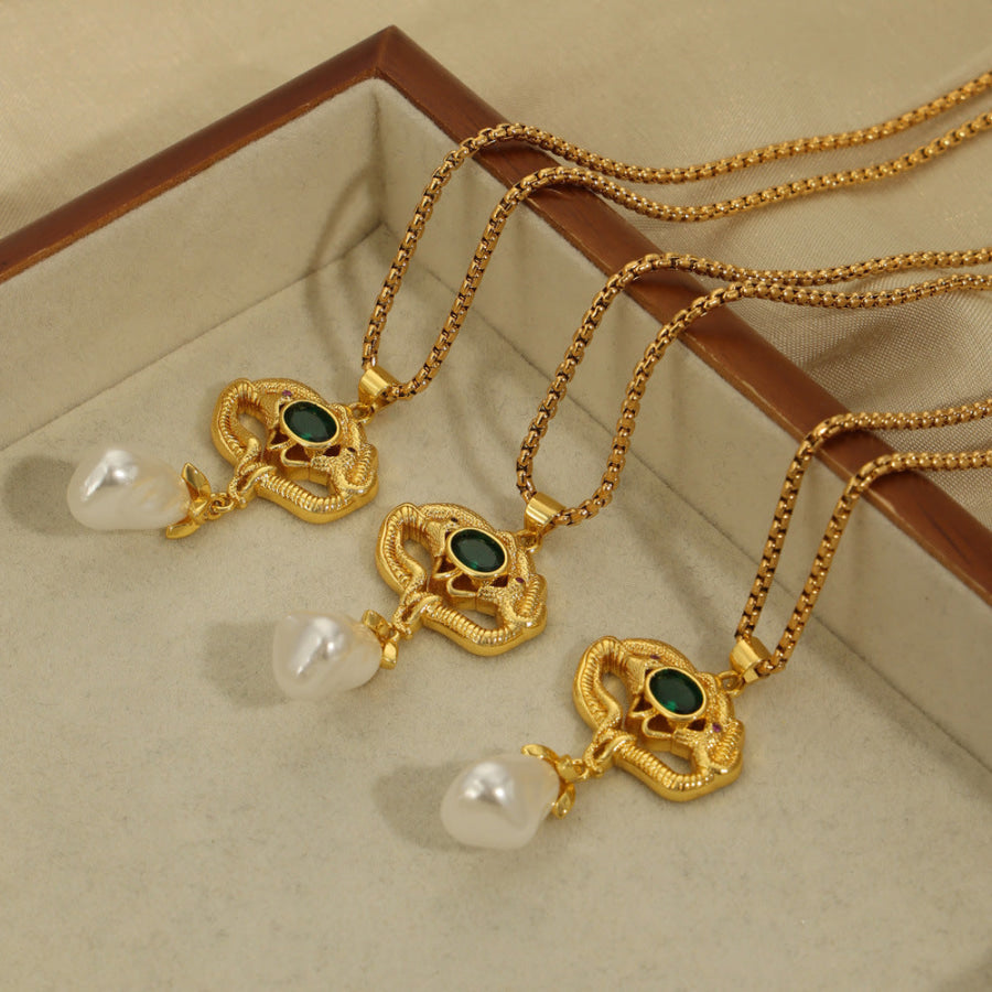 Freshwater Pearl Titanium Steel Geometric Necklace Gold / One Size Apparel and Accessories