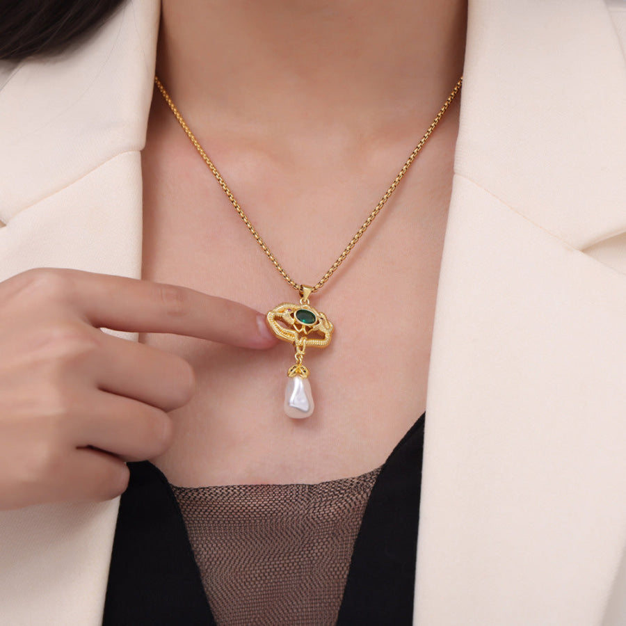 Freshwater Pearl Titanium Steel Geometric Necklace Gold / One Size Apparel and Accessories