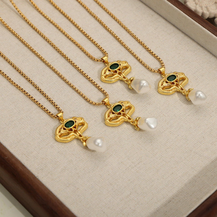 Freshwater Pearl Titanium Steel Geometric Necklace Gold / One Size Apparel and Accessories