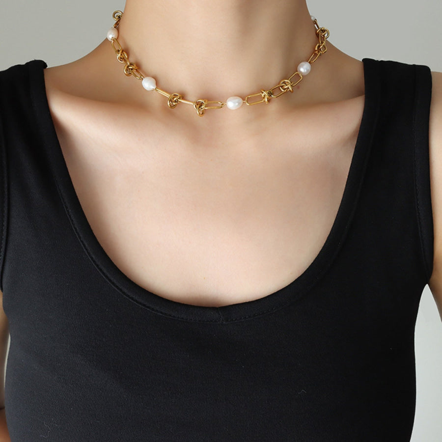 Freshwater Pearl Titanium Steel Necklace Gold / One Size Apparel and Accessories