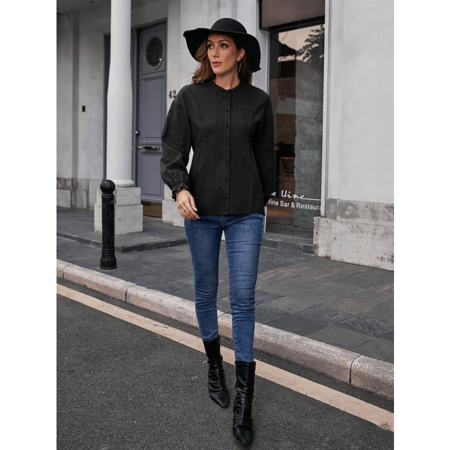 Frill Button Up Flounce Sleeve Blouse Apparel and Accessories