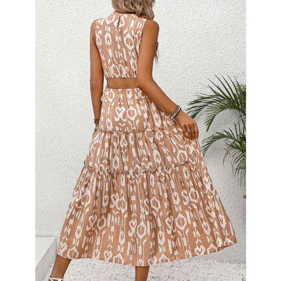 Frill Cutout Printed Round Neck Sleeveless Dress Apparel and Accessories