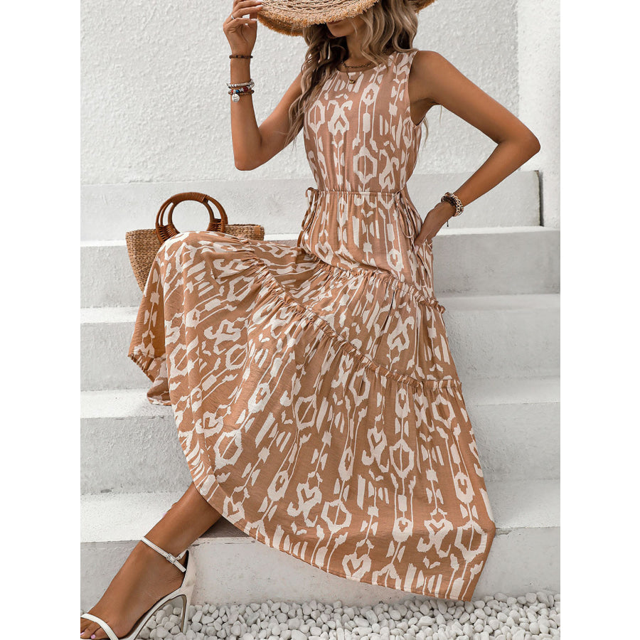 Frill Cutout Printed Round Neck Sleeveless Dress Apparel and Accessories