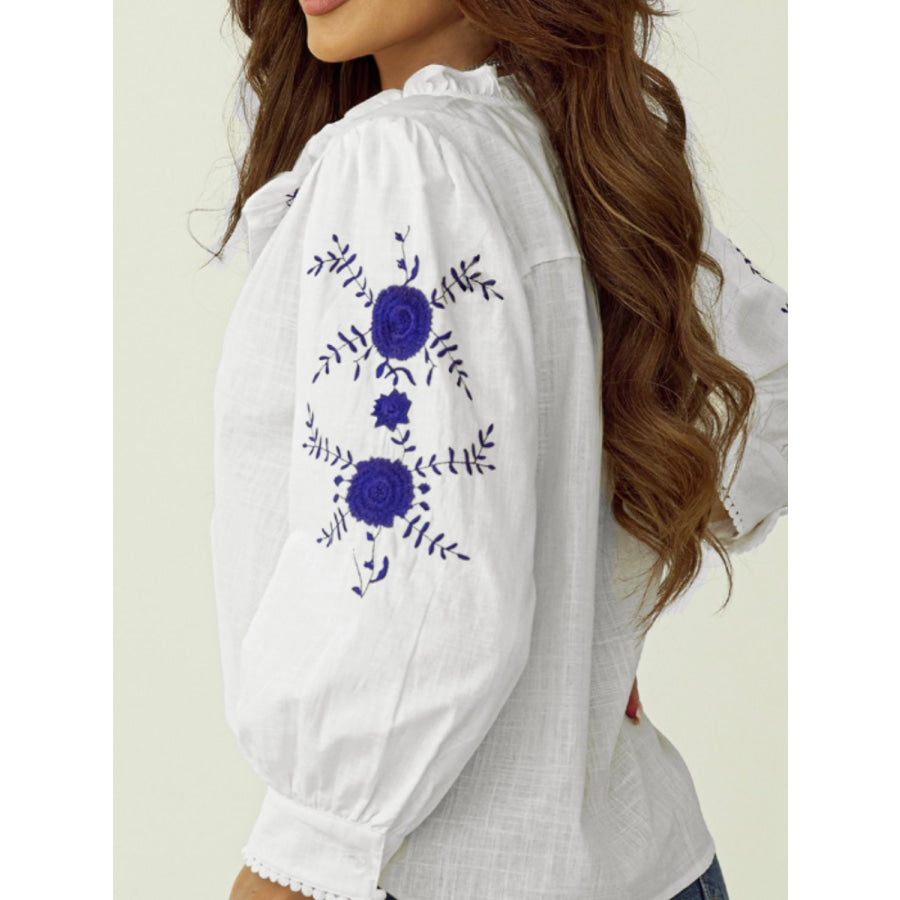 Frill Floral Embroidered Sleeve Shirt Apparel and Accessories