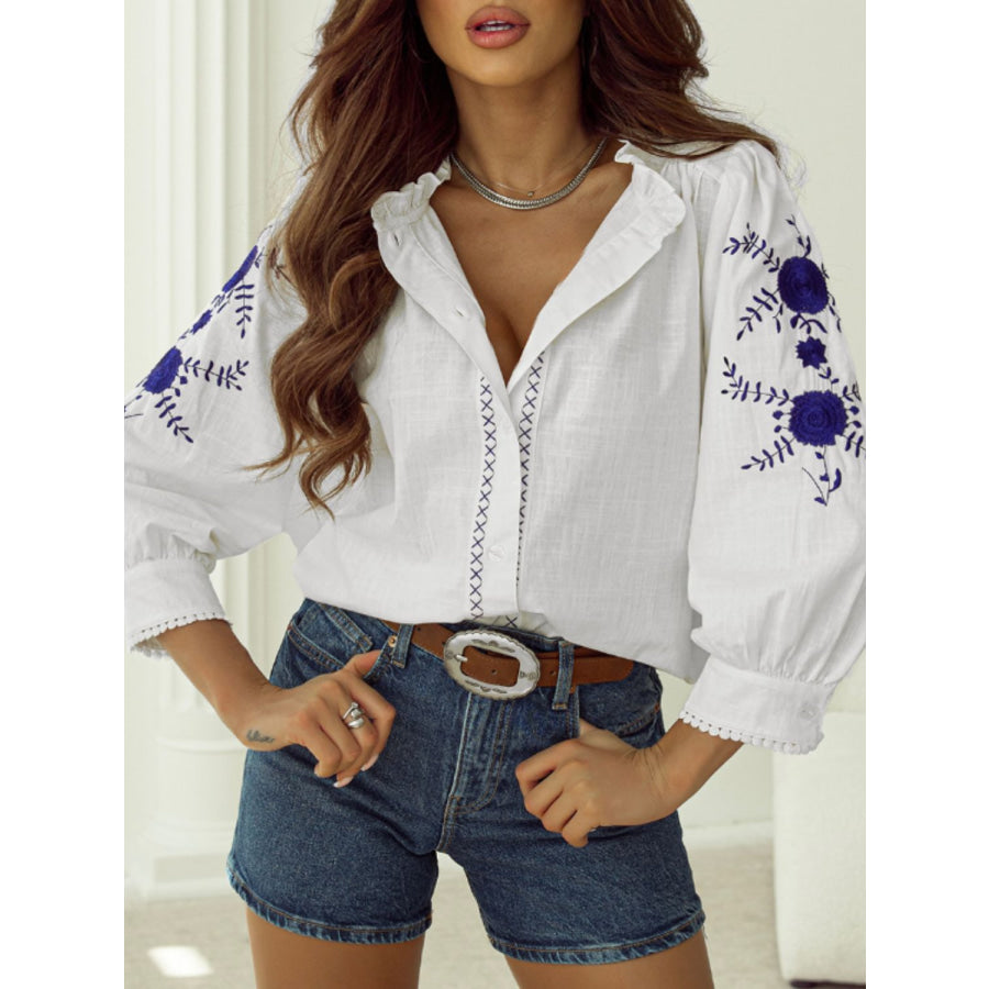 Frill Floral Embroidered Sleeve Shirt Apparel and Accessories