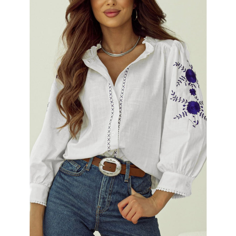 Frill Floral Embroidered Sleeve Shirt White / S Apparel and Accessories