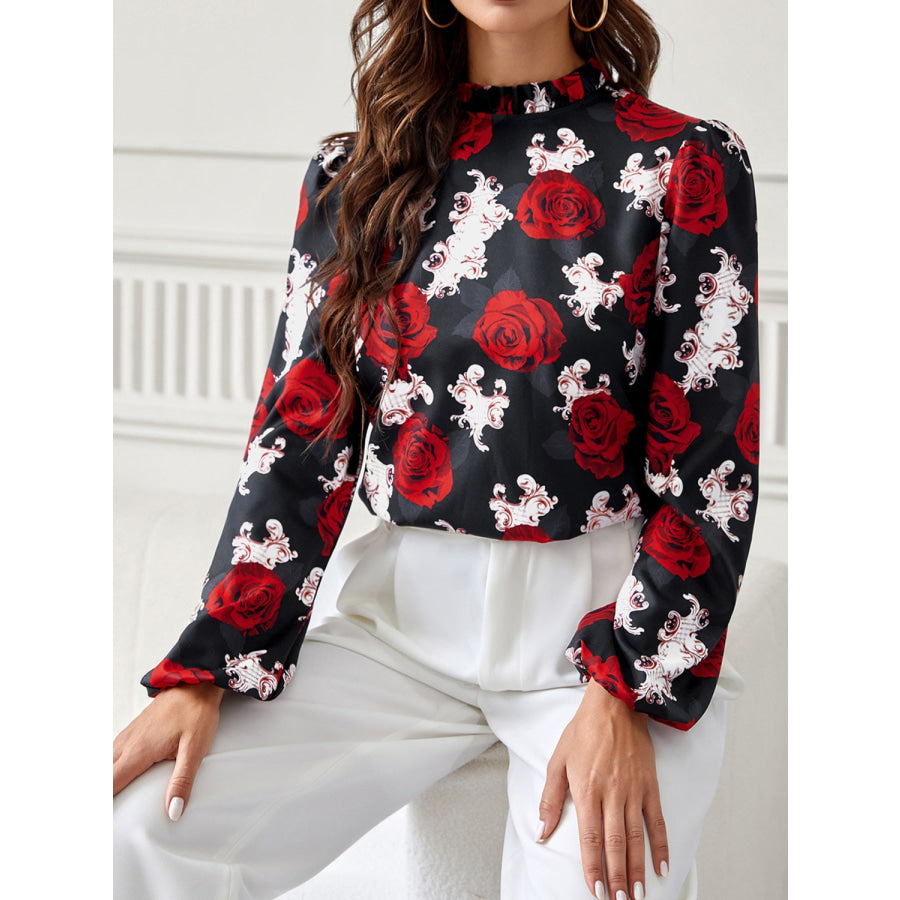 Frill Floral Mock Neck Long Sleeve Top Apparel and Accessories