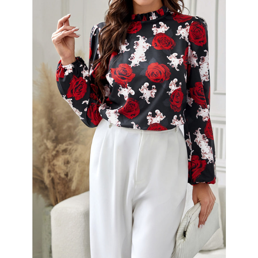 Frill Floral Mock Neck Long Sleeve Top Apparel and Accessories