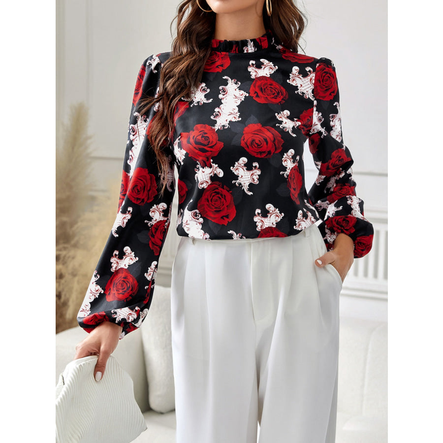 Frill Floral Mock Neck Long Sleeve Top Rust / S Apparel and Accessories