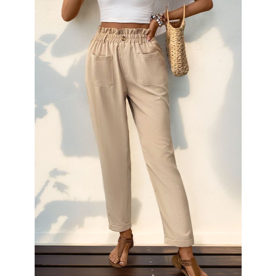 Frill High Waist Pants with Pockets Apparel and Accessories