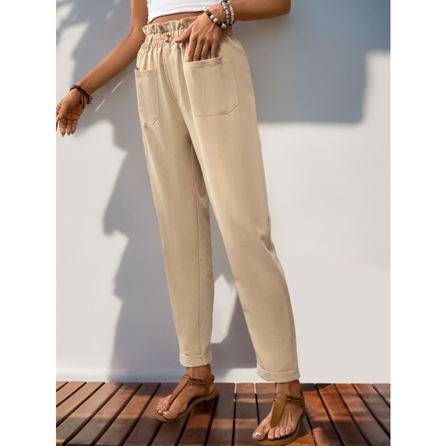 Frill High Waist Pants with Pockets Apparel and Accessories