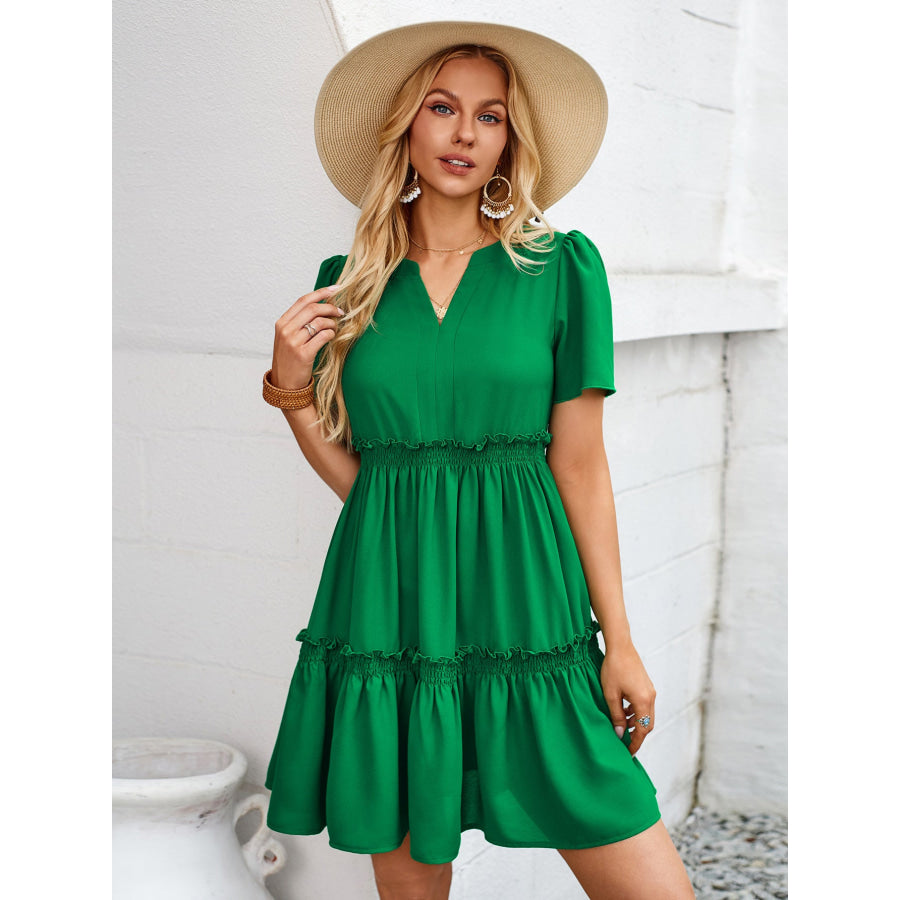 Frill Notched Short Sleeve Mini Dress Dark Green / S Apparel and Accessories