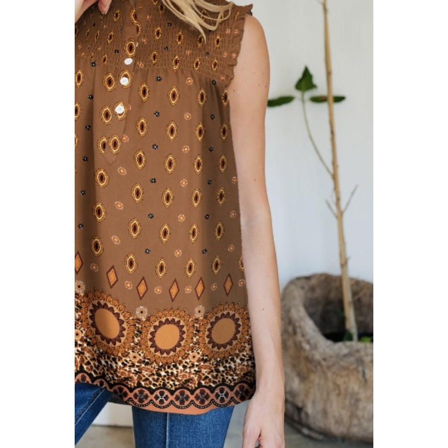 Frill Printed Mock Neck Top Apparel and Accessories