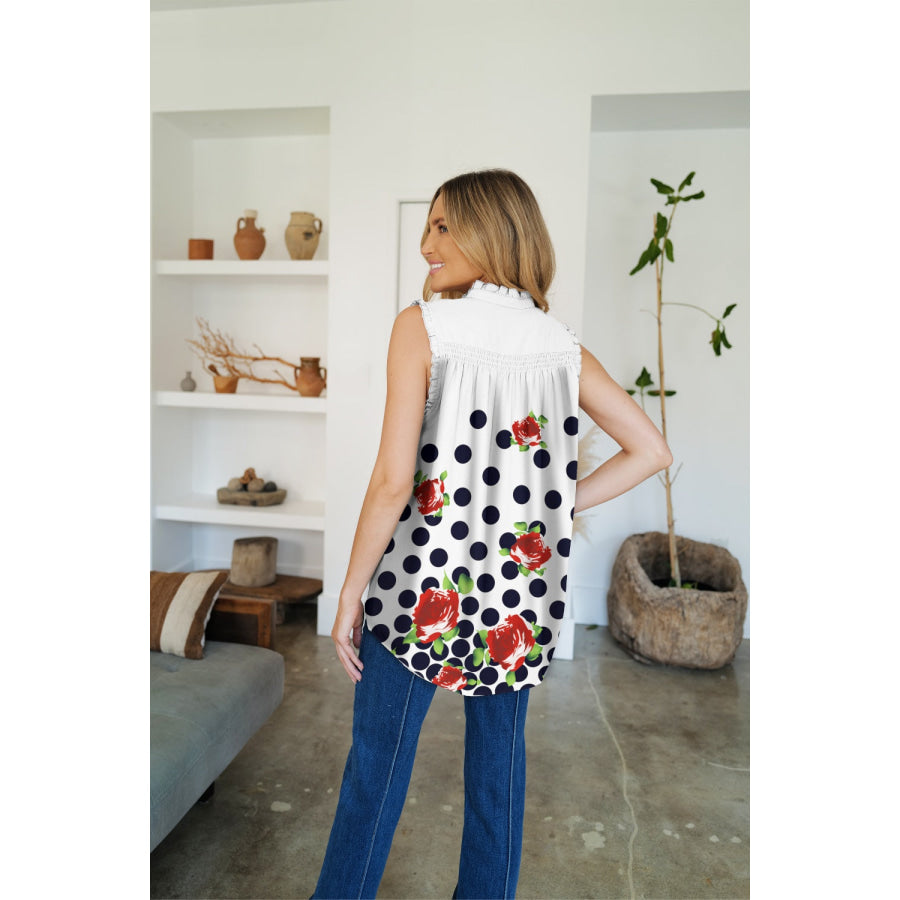 Frill Printed Mock Neck Top Apparel and Accessories