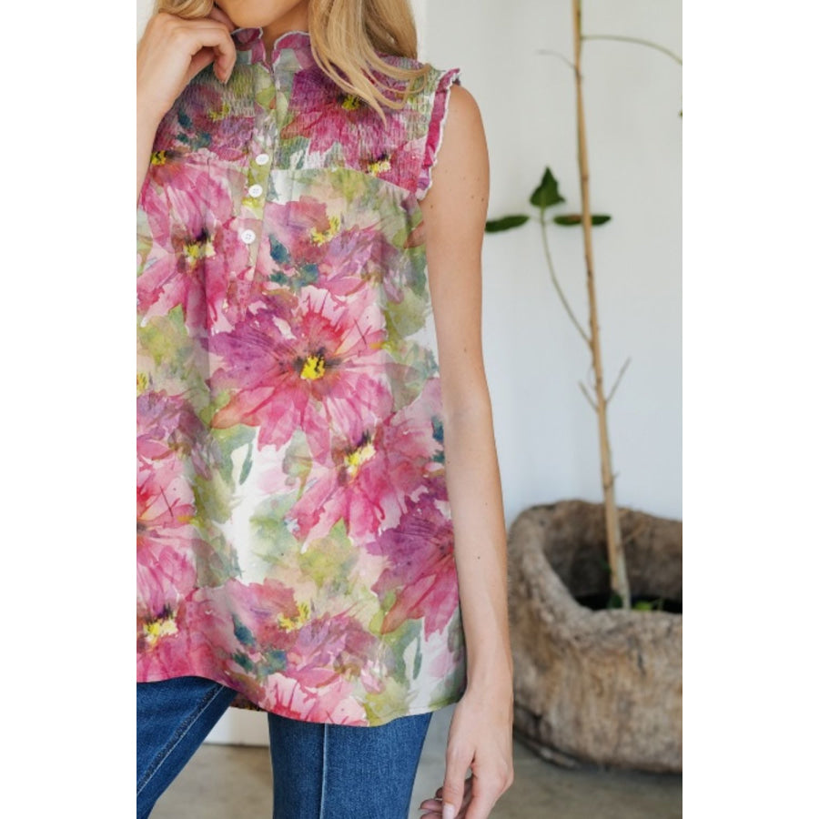 Frill Printed Mock Neck Top Apparel and Accessories