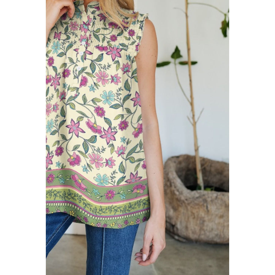 Frill Printed Mock Neck Top Apparel and Accessories