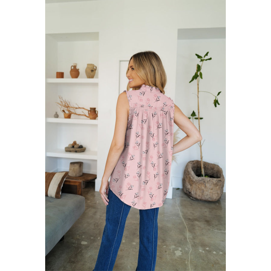 Frill Printed Mock Neck Top Apparel and Accessories