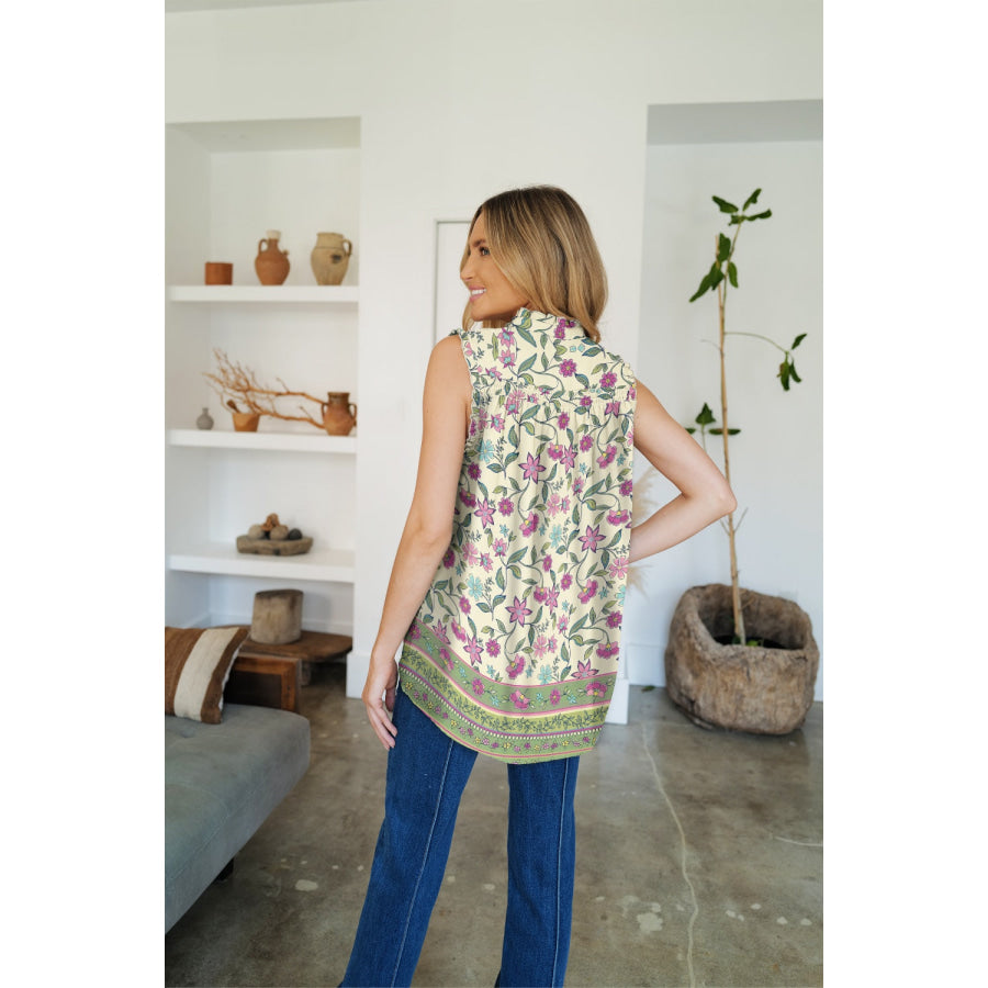 Frill Printed Mock Neck Top Apparel and Accessories